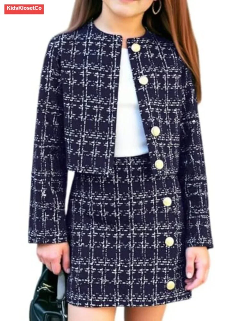 Girls 2 Piece Plaid Tweed Jacket and Ruffle Mini Skirt Set